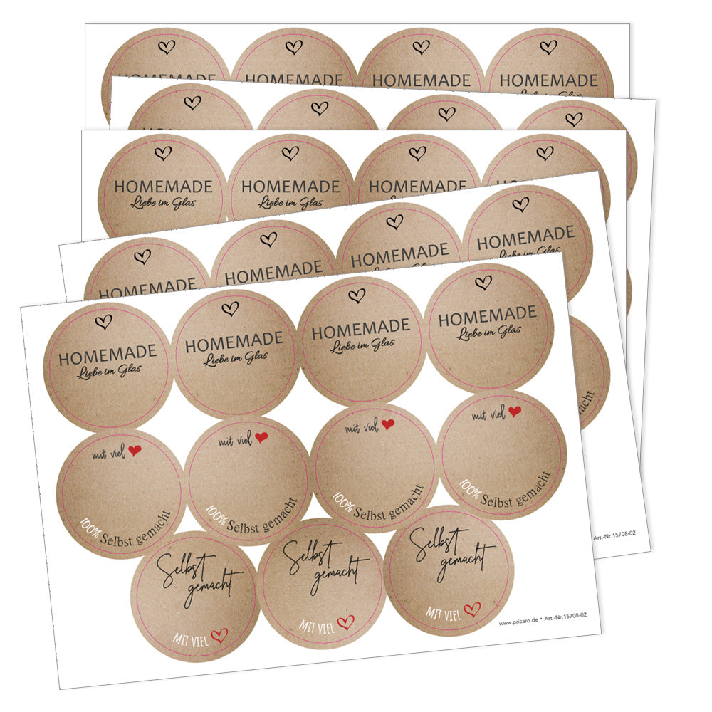 DIY Etiketten "gerdi", verschiedene runde etiketten für diy projekte mit der aufschrift "homemade liebe im glas", "mit viel herz, 100 % Selbstgemacht" und "selbstgemacht mit viel herz", farbe kraftpapierfarben, schwarze schrift mit roten herzen, 5er bogen