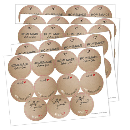 DIY Etiketten "gerdi", verschiedene runde etiketten für diy projekte mit der aufschrift "homemade liebe im glas", "mit viel herz, 100 % Selbstgemacht" und "selbstgemacht mit viel herz", farbe kraftpapierfarben, schwarze schrift mit roten herzen, 5er bogen