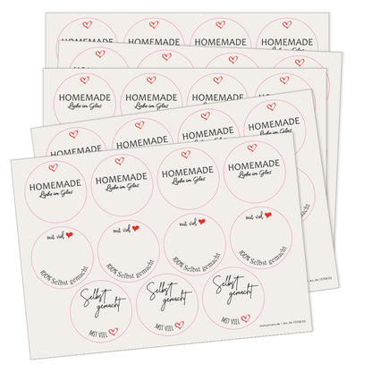 DIY Etiketten "gerdi", verschiedene runde etiketten für diy projekte mit der aufschrift "homemade liebe im glas", "mit viel herz, 100 % Selbstgemacht" und "selbstgemacht mit viel herz", farbe beige, schwarze schrift mit roten herzen, 5er bogen