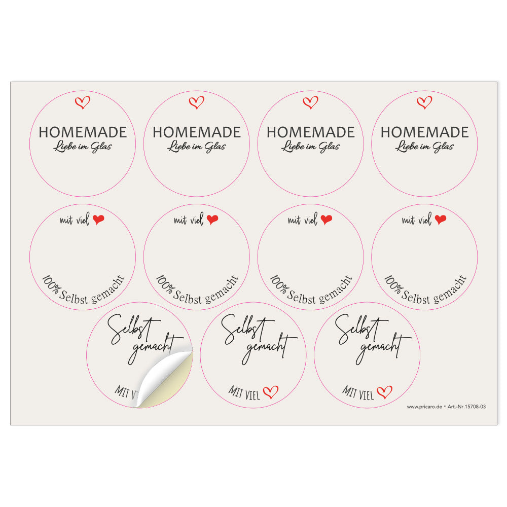 DIY Etiketten "gerdi", verschiedene runde etiketten für diy projekte mit der aufschrift "homemade liebe im glas", "mit viel herz, 100 % Selbstgemacht" und "selbstgemacht mit viel herz", farbe beige, schwarze schrift mit roten herzen