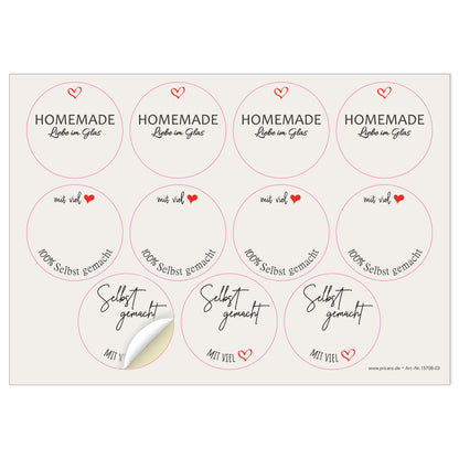 DIY Etiketten "gerdi", verschiedene runde etiketten für diy projekte mit der aufschrift "homemade liebe im glas", "mit viel herz, 100 % Selbstgemacht" und "selbstgemacht mit viel herz", farbe beige, schwarze schrift mit roten herzen