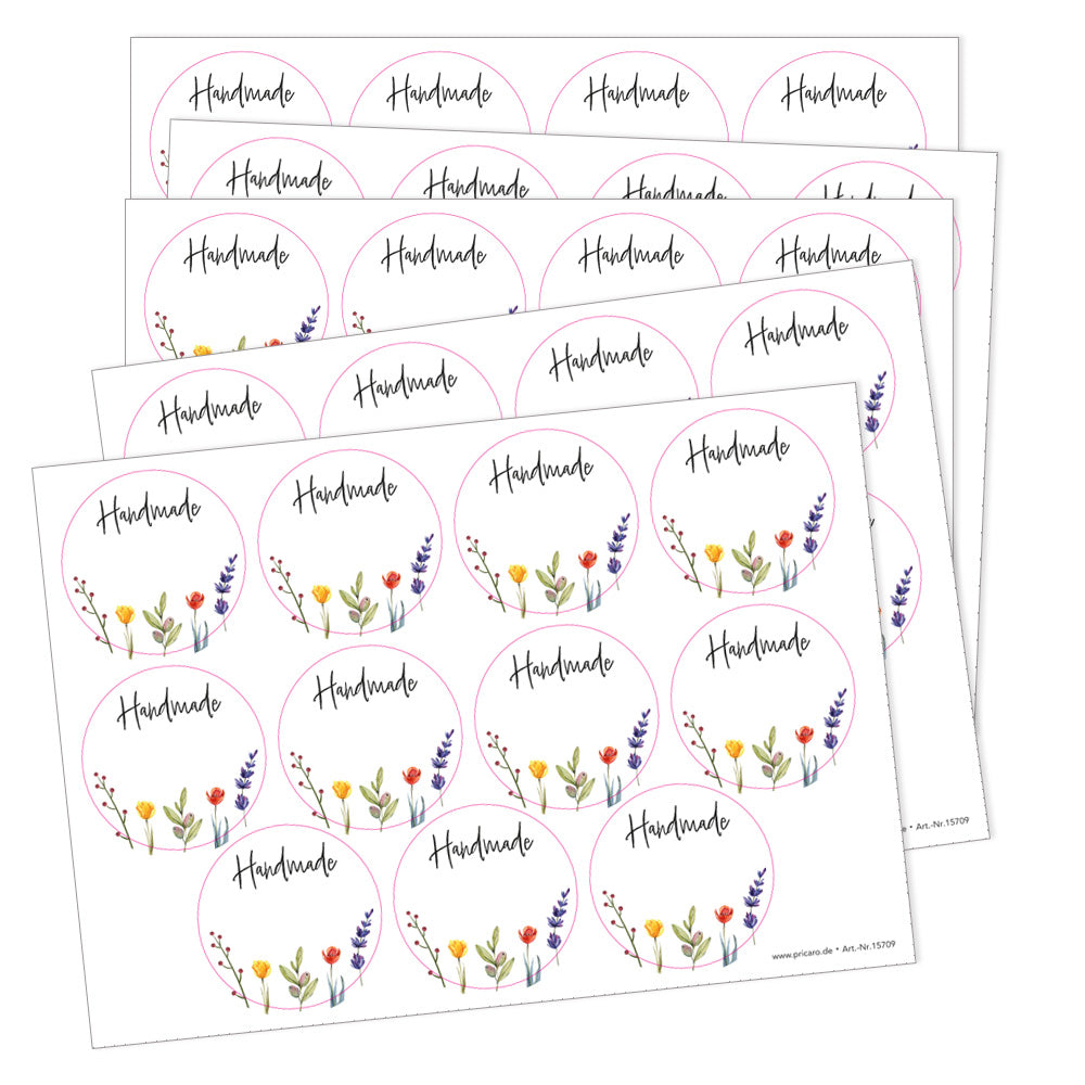 DIY Etiketten "springflowers", runde etiketten für diy projekte mit der aufschrift "handmade" mit blumenmotiven im unten aufkleberbereich, schwarze schrift, weiß-bunte etiketten, 5er bogen
