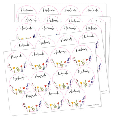 DIY Etiketten "springflowers", runde etiketten für diy projekte mit der aufschrift "handmade" mit blumenmotiven im unten aufkleberbereich, schwarze schrift, weiß-bunte etiketten, 5er bogen