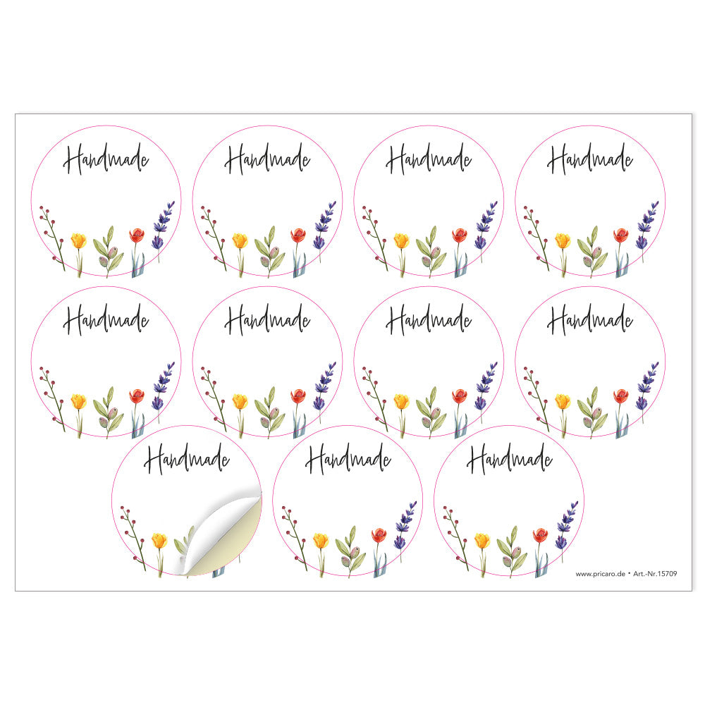 DIY Etiketten "springflowers", runde etiketten für diy projekte mit der aufschrift "handmade" mit blumenmotiven im unten aufkleberbereich, schwarze schrift, weiß-bunte etiketten