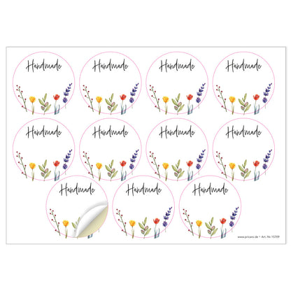 DIY Etiketten "springflowers", runde etiketten für diy projekte mit der aufschrift "handmade" mit blumenmotiven im unten aufkleberbereich, schwarze schrift, weiß-bunte etiketten