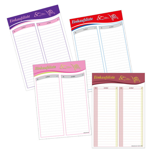 einkaufsliste speed, übersicht über alle vorhandenen farben (lila, rosa, rot, beere)