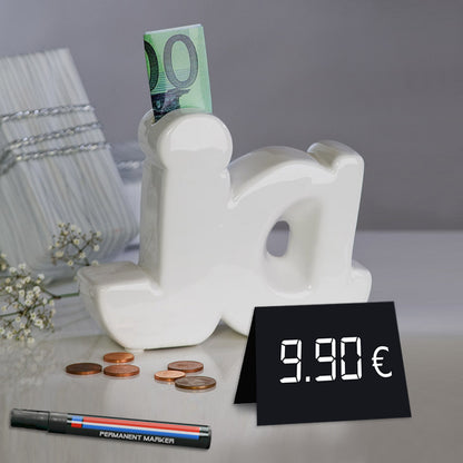 preisschild vor spardose