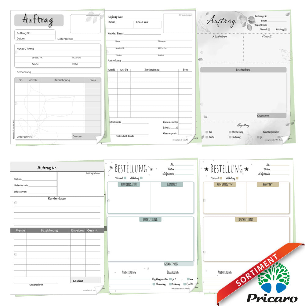 sortimentsübersicht auftragsblöcke mit durchschlag