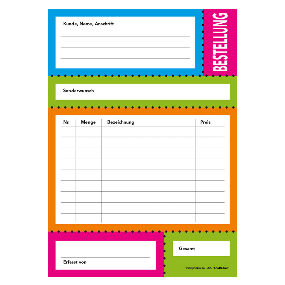 bestellannahmeblock knallfarben, a5, bunte optik, platz für wichtige bestellinformationen wie z.b. kundendaten, artikeldaten wie menge, preis uvm., frontansicht