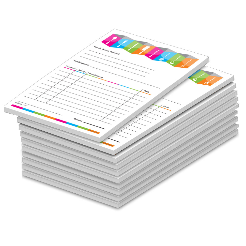 Bestellannahmeblock bunt, a5, bunt-weiße optik mit küchenutensilien wie gabeln, kellen, usw., platz für wichtige bestellinformationen wie kundendaten, artikeldaten, preis, uvm., 10er set