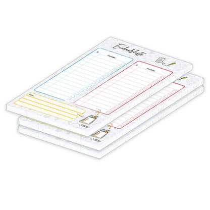 einkaufsliste doodles a5, bunte optik, mit zeilen für stück und produkt zum abhaken, 3er set