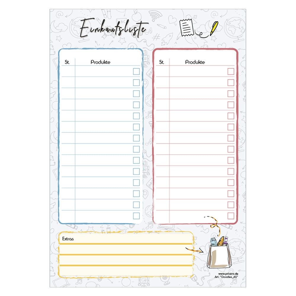 einkaufsliste doodles a5, bunte optik, mit zeilen für stück und produkt zum abhaken, frontansicht