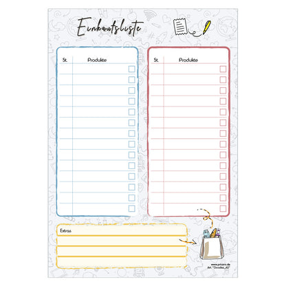 einkaufsliste doodles a5, bunte optik, mit zeilen für stück und produkt zum abhaken, frontansicht