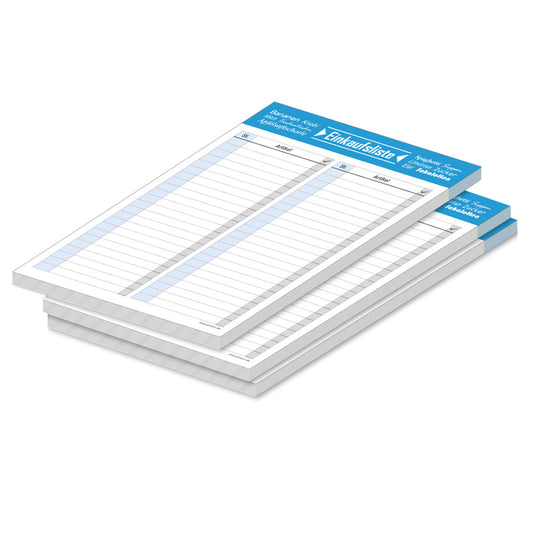einkaufsliste typo, a5, blau-weiße optik, spalten für artikel und stück, 3er set
