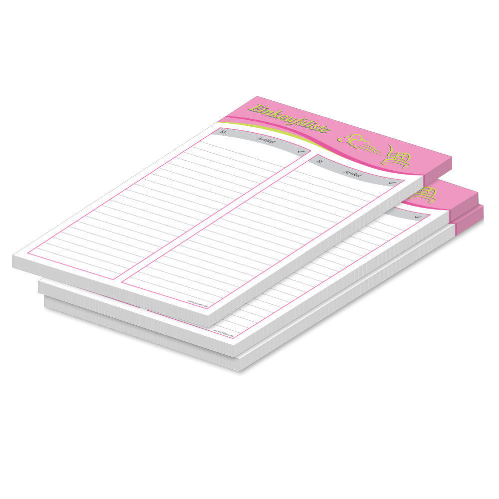 einkaufsliste speed a5, rosa mit grün aufgedrucktem einkaufswagen spalten für stück und artikel, 3er set