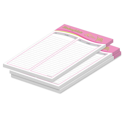 einkaufsliste speed a5, rosa mit grün aufgedrucktem einkaufswagen spalten für stück und artikel, 3er set