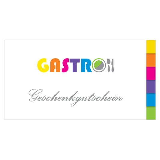 gastro gutschein allgemein, front ansicht, weiß-bunt mit aufschrift gastro, geschenkgutschein