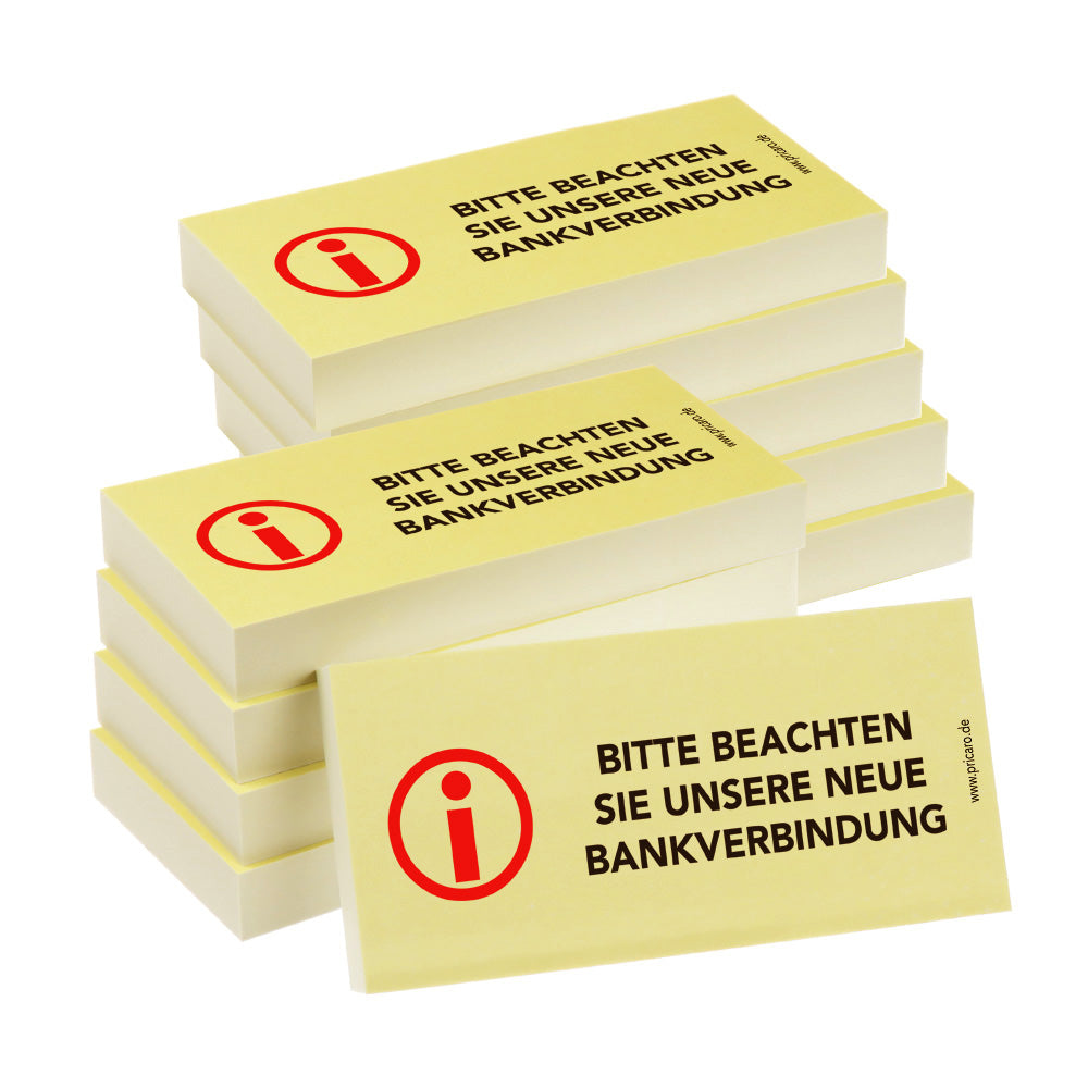 haftnotiz schmal, aufdruck "bitte beachten sie unsere neue bankverbindung", gelbe optik, 10er set