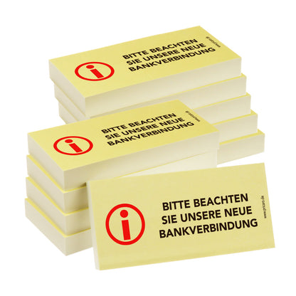 haftnotiz schmal, aufdruck "bitte beachten sie unsere neue bankverbindung", gelbe optik, 10er set