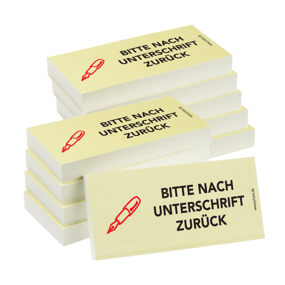 haftnotiz schmal, aufdruck "bitte nach unterschrift zurück",  gelbe optik, 10er set