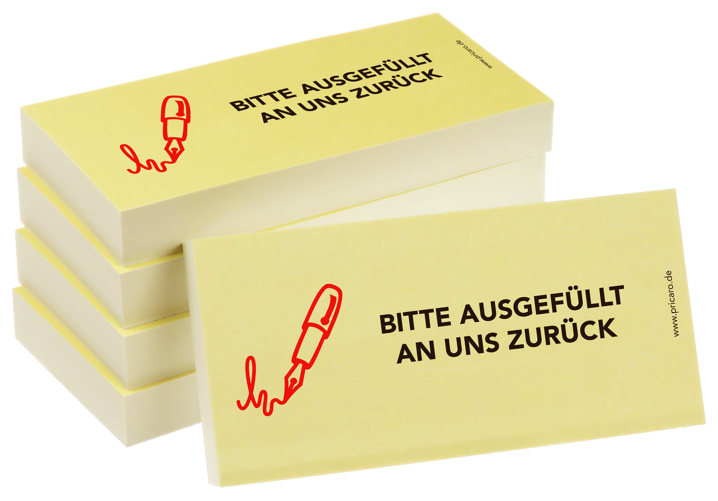 haftnotiz schmal, mit aufdruck "bitte ausgefüllt an uns zurück", 5er set