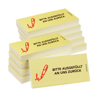 haftnotiz schmal, mit aufdruck "bitte ausgefüllt an uns zurück", gelbe optik, 10er set