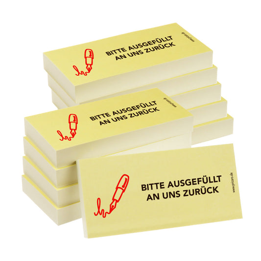 haftnotiz schmal, mit aufdruck "bitte ausgefüllt an uns zurück", gelbe optik, 10er set
