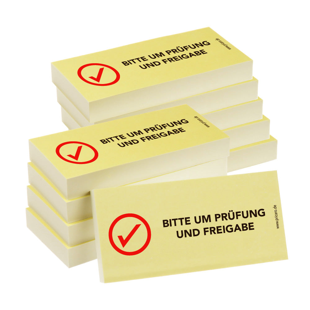 haftnotiz schmal, mit aufdruck "bitte um prüfung und freigabe", gelbe optik, 10er set