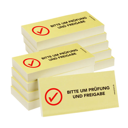 haftnotiz schmal, mit aufdruck "bitte um prüfung und freigabe", gelbe optik, 10er set