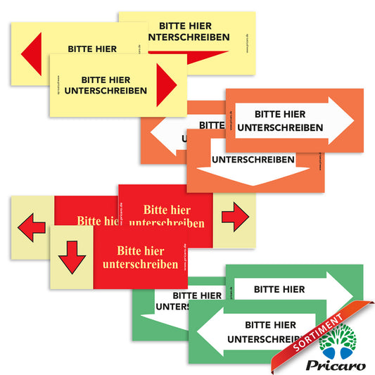 sortimentsübersicht haftnotizen der variante "bitte hier unterschreiben"