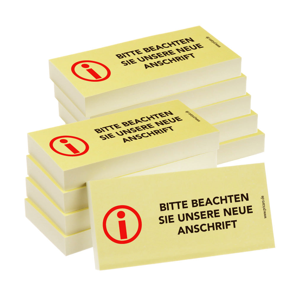 haftnotiz, schmal, aufdruck "bitte beachten sie unsere neue anschrift", gelbe optik, 10er set