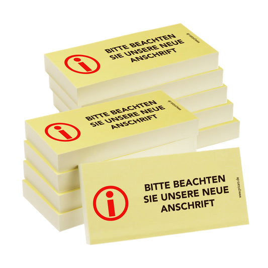 haftnotiz, schmal, aufdruck "bitte beachten sie unsere neue anschrift", gelbe optik, 10er set