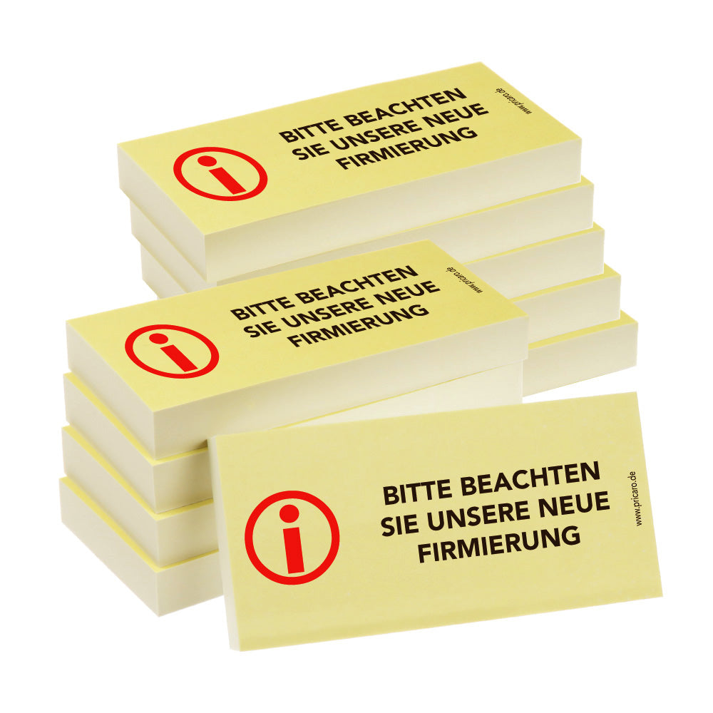 haftnotiz, schmal, aufdruck "bitte beachten sie unsere neue firmierung", gelbe optik, 10er set