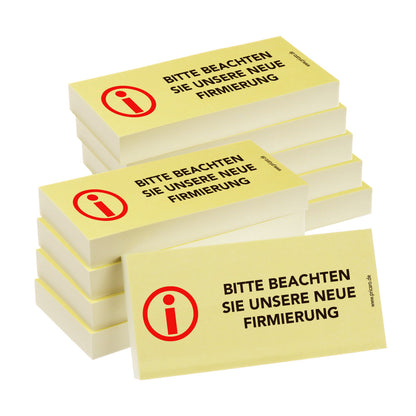 haftnotiz, schmal, aufdruck "bitte beachten sie unsere neue firmierung", gelbe optik, 10er set