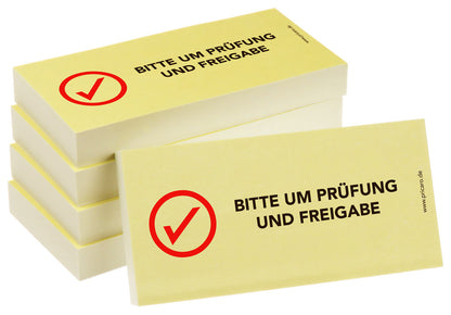 haftnotiz, schmal, aufdruck "bitte um prüfung und rückgabe", gelbe optik, 5er set