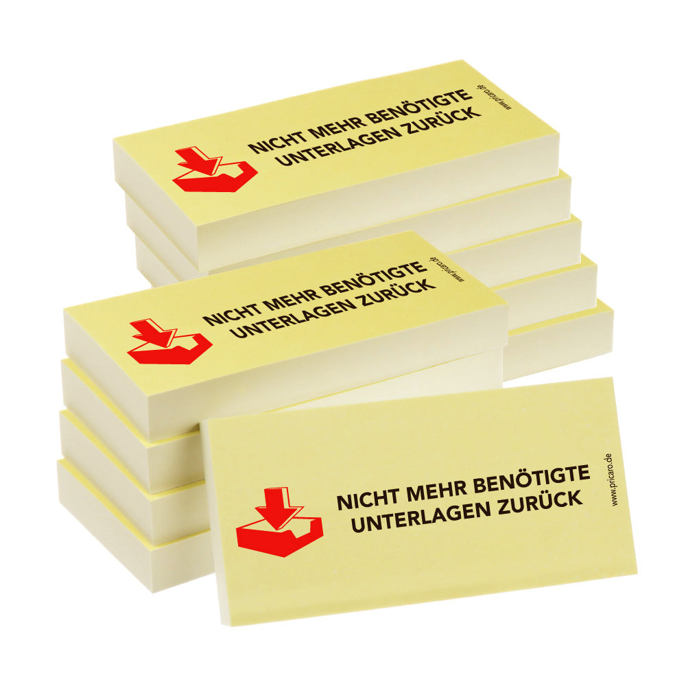 haftnotiz, schmal, aufdruck "nicht mehr benötigte unterlagen zurück", gelbe optik, 10er set