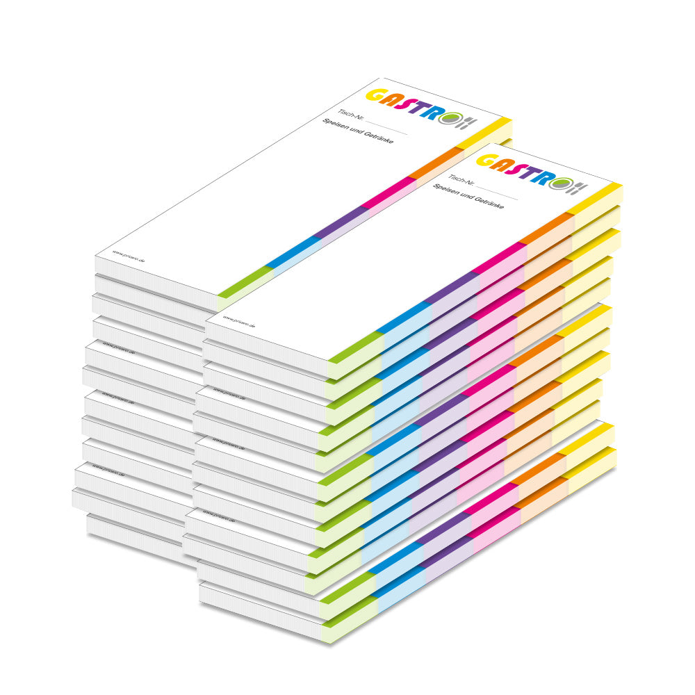 kellnerblock allgemein, weiß, bunte optik mit einerder aufschrift "gastro sowie einem platzhalter für die tischnummer", 24er set