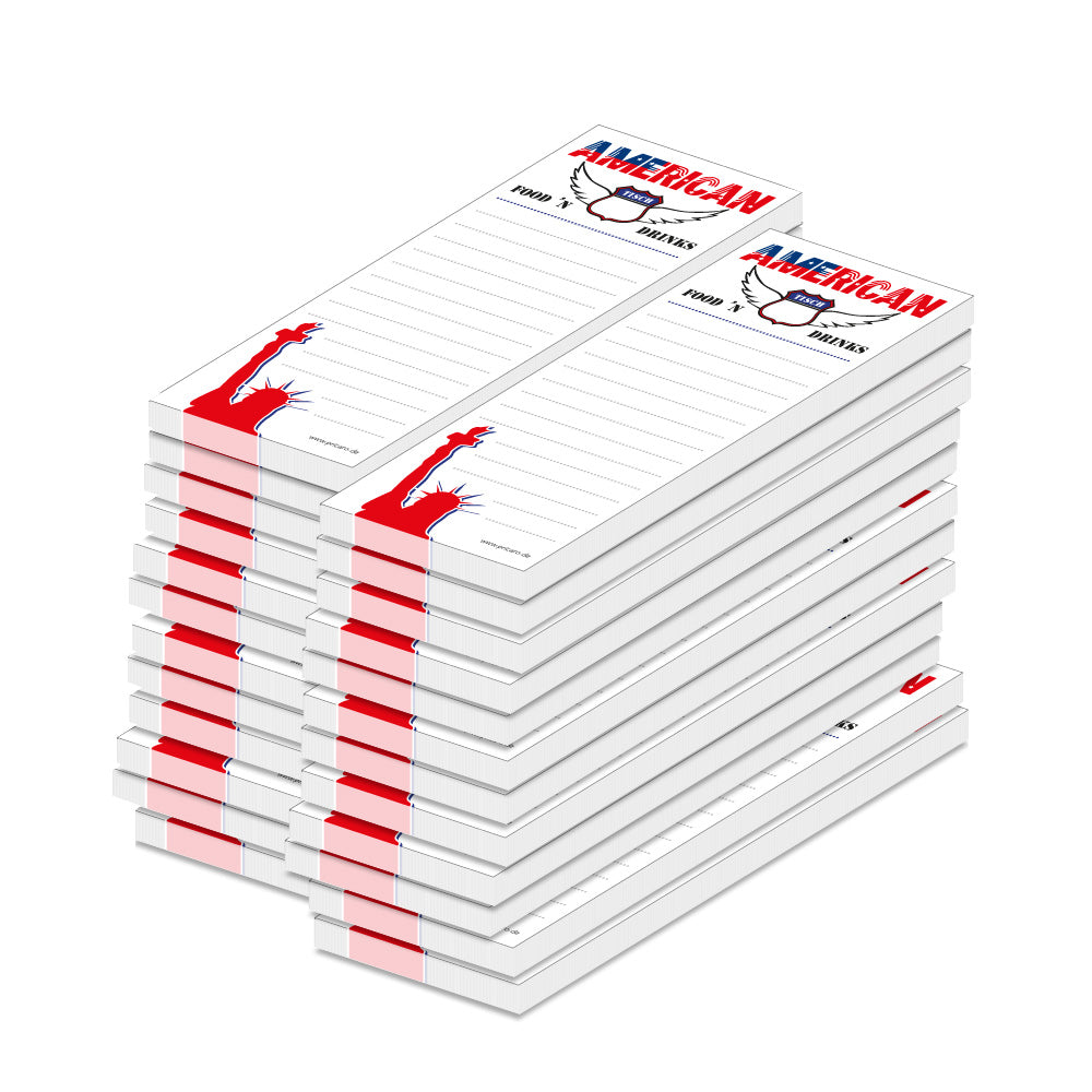 kellnerblock amerikanisch, weiß, rote optik mit der aufschrift "american food´n drinks", 24er set