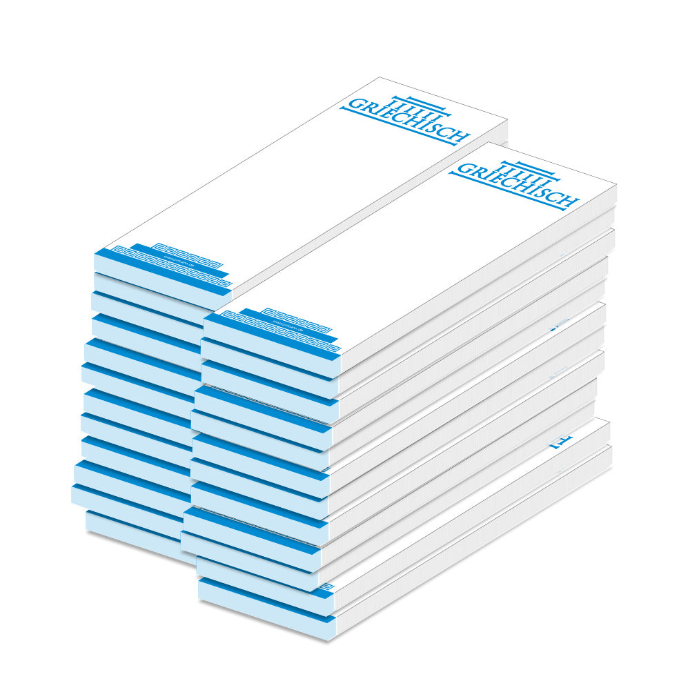 kellnerblock griechisch, weiß, blaue optik mit abgebildeten griechischen säulen und der aufschrift "griechisch", 24er set