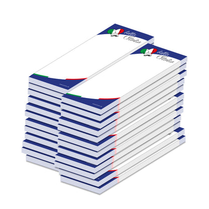 kellnerblock italienisch, weiß, blaue optik mit abgebildeter tricolore kochmütze und der aufschrift "bella italia", 24er set