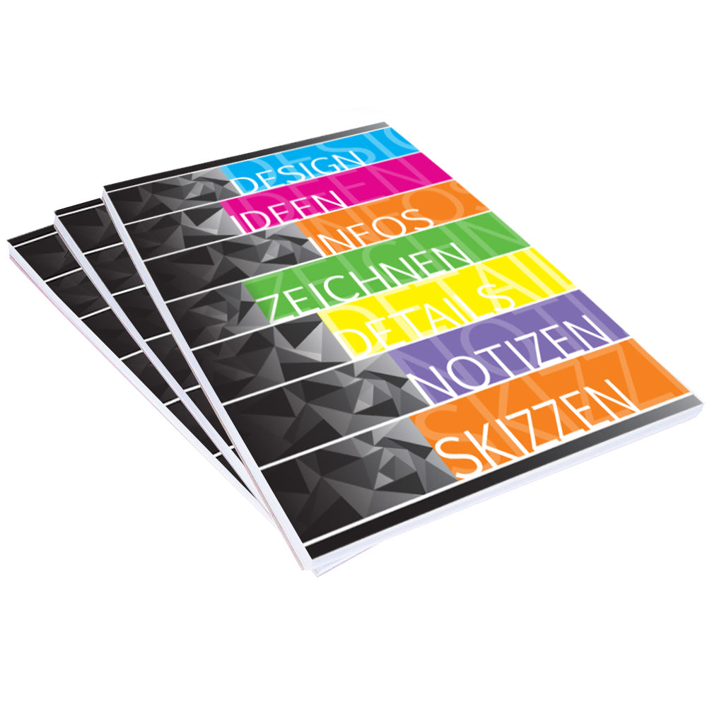 notizblock black crystal mit leimbindung, deckblatt in schwarz-bunter optik, a5, 3er set