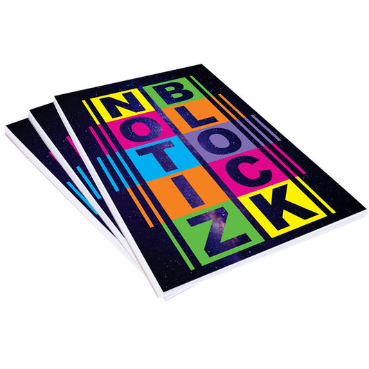 notizblock space mit leimbindung, deckblatt in schwarz-bunter optik mit zweireihiger aufschrift notizblock, a5, 3er set