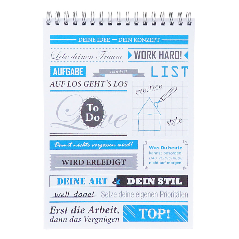 notizblock vintage mit spiralbindung, frontansicht deckblatt, verschiedene aufschriften, weiß-schwarz-blaue optik