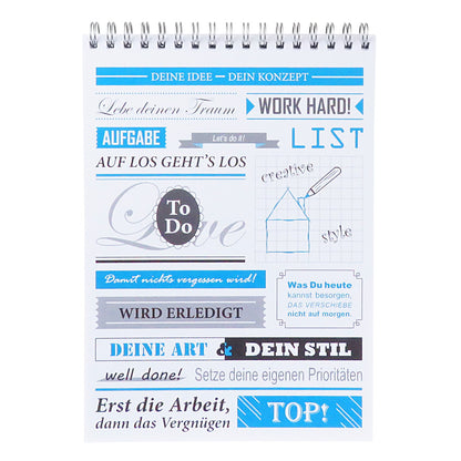 notizblock vintage mit spiralbindung, frontansicht deckblatt, verschiedene aufschriften, weiß-schwarz-blaue optik