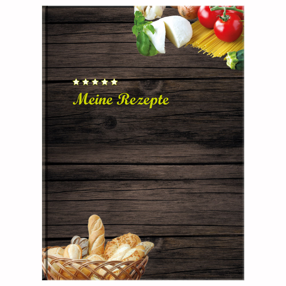 rezeptbuch mediterran vorderseite, braune optik mit abgebildeten Lebensmitteln und der aufschrift "meine rezepte"