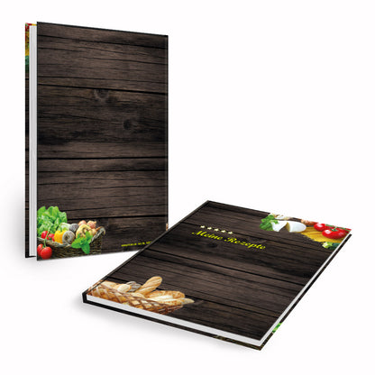 rezeptbuch mediterran vorder- und rückseite, braune optik mit abgebildeten Lebensmitteln und der aufschrift "meine rezepte"