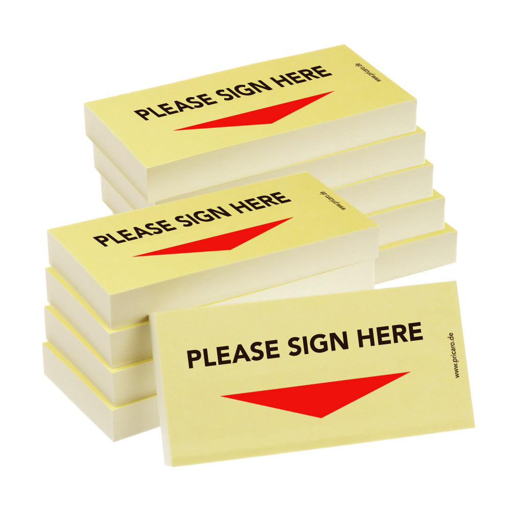 haftnotiz schmal, englische sprachversion, aufdruck "please sign here", mit pfeil unten, gelbe optik, 10er set