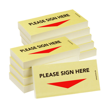 haftnotiz schmal, englische sprachversion, aufdruck "please sign here", mit pfeil unten, gelbe optik, 10er set