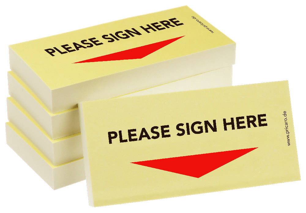 haftnotiz schmal, englische sprachversion, aufdruck "please sign here", mit pfeil unten, gelbe optik, 5er set