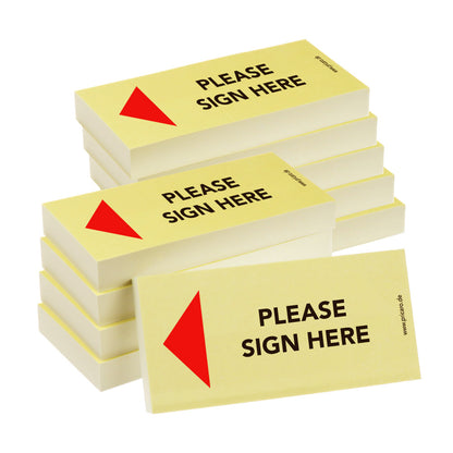 haftnotiz schmal, englische sprachversion, aufdruck "please sign here", mit pfeil links, gelbe optik, 10er set